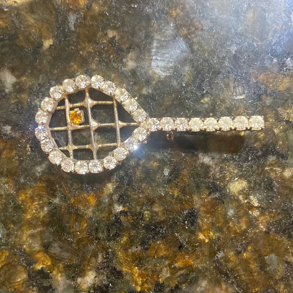 Vintage tennis racket rhinestone brooch pin